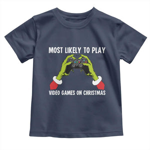 Funny Elf Hand Christmas Toddler T Shirt Most Likely To Play Video Games On Christmas TS14 Navy Print Your Wear