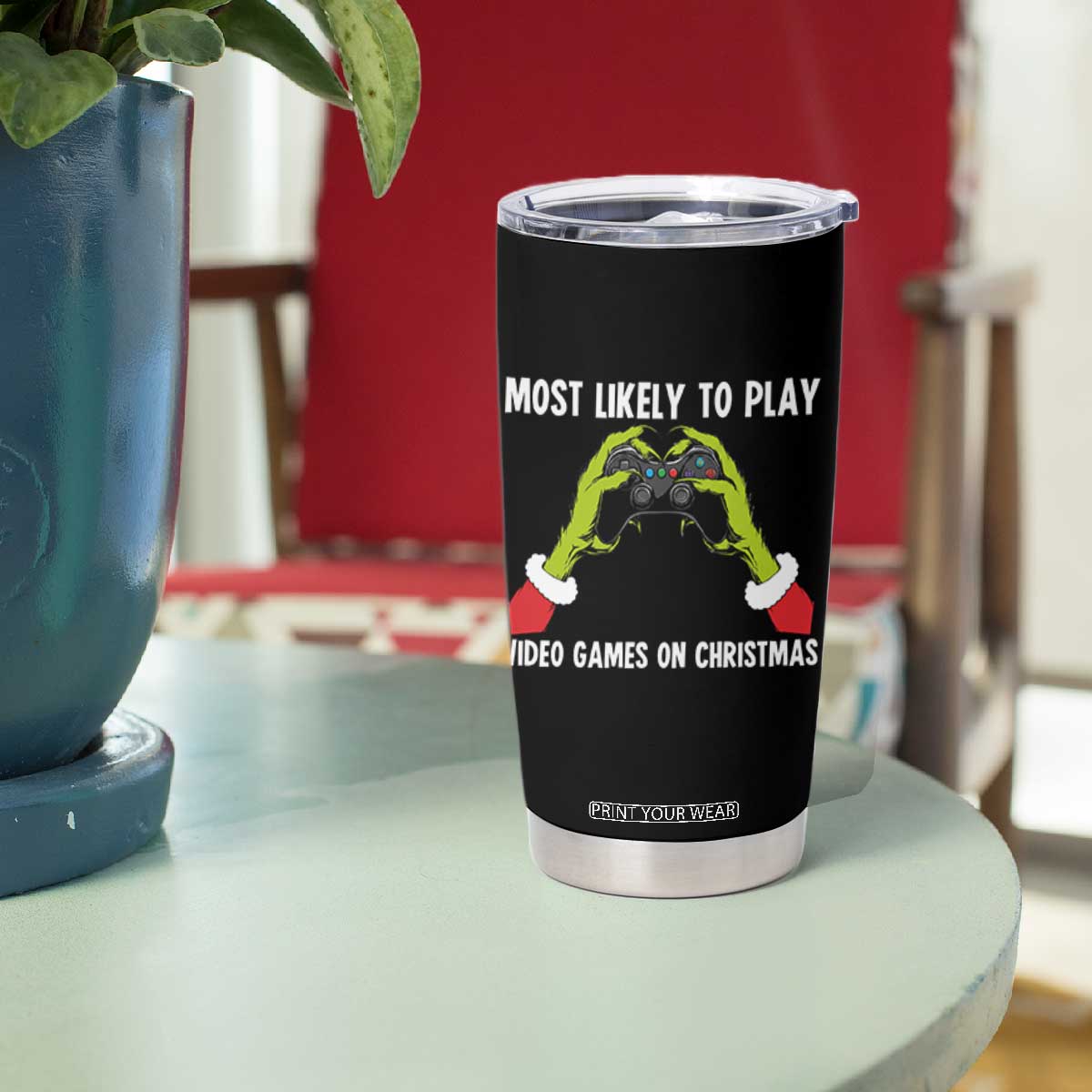 Funny Elf Hand Christmas Tumbler Cup Most Likely To Play Video Games On Christmas TS14 Print Your Wear