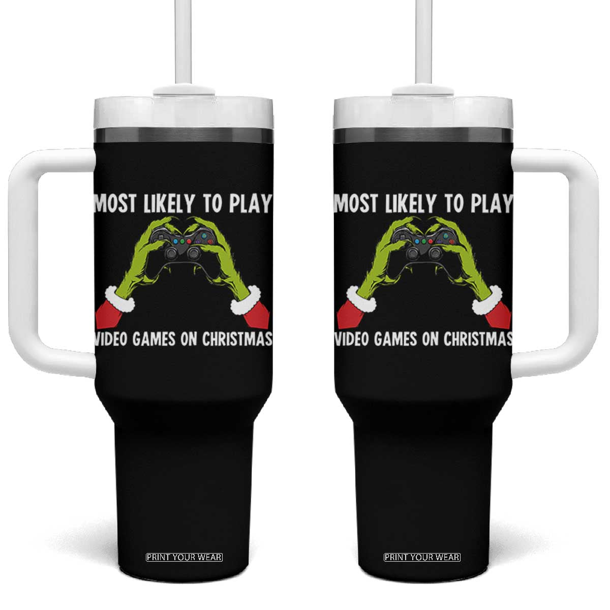 Funny Elf Hand Christmas Tumbler With Handle Most Likely To Play Video Games On Christmas TS14 One Size: 40 oz Black Print Your Wear