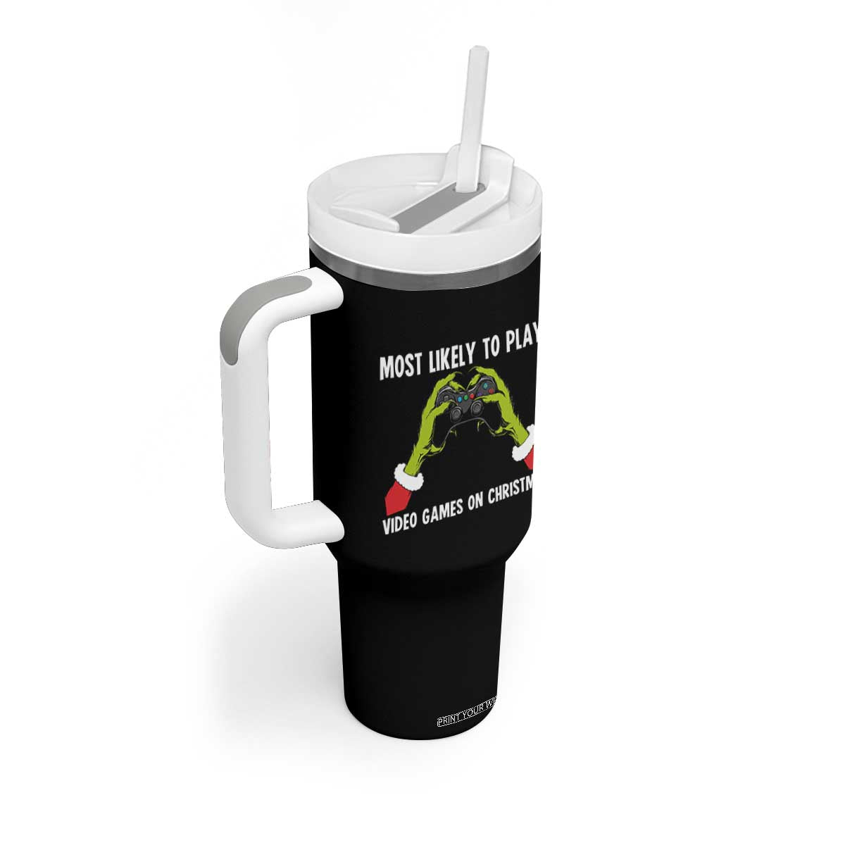 Funny Elf Hand Christmas Tumbler With Handle Most Likely To Play Video Games On Christmas TS14 Print Your Wear