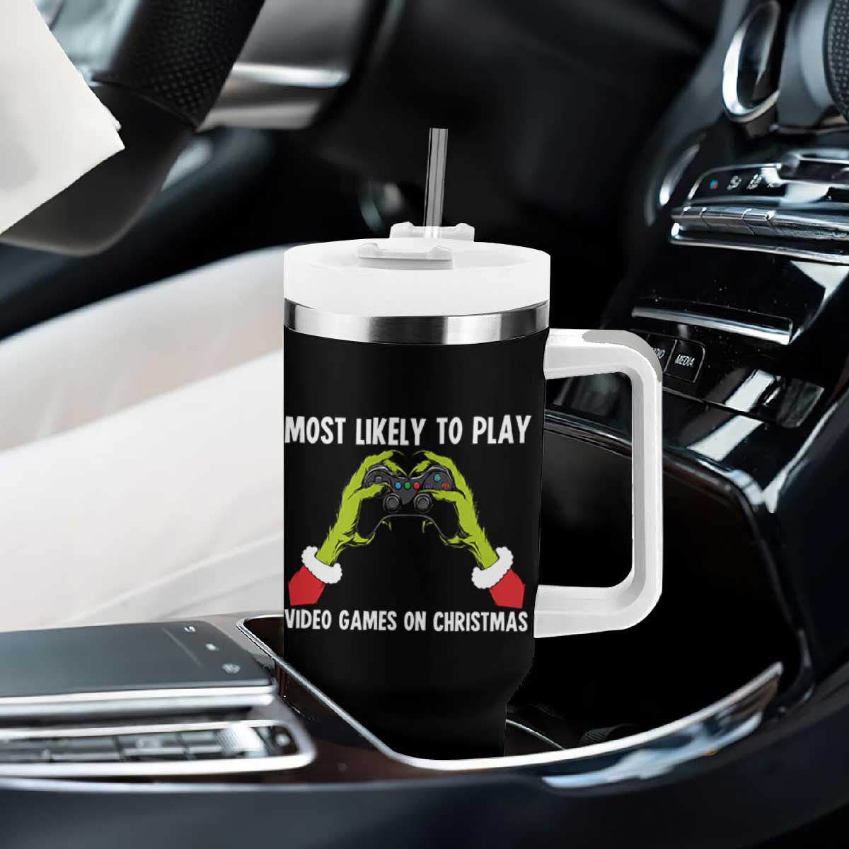Funny Elf Hand Christmas Tumbler With Handle Most Likely To Play Video Games On Christmas TS14 Print Your Wear