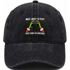 Funny Elf Hand Christmas Washed Cotton Baseball Cap Most Likely To Play Video Games On Christmas TS14 Washed Cap Universal Fit Black Print Your Wear
