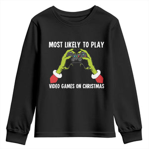 Funny Elf Hand Christmas Youth Sweatshirt Most Likely To Play Video Games On Christmas TS14 Black Print Your Wear