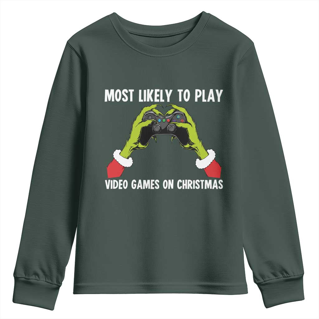 Funny Elf Hand Christmas Youth Sweatshirt Most Likely To Play Video Games On Christmas TS14 Dark Forest Green Print Your Wear