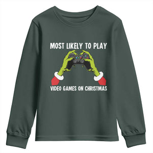 Funny Elf Hand Christmas Youth Sweatshirt Most Likely To Play Video Games On Christmas TS14 Dark Forest Green Print Your Wear