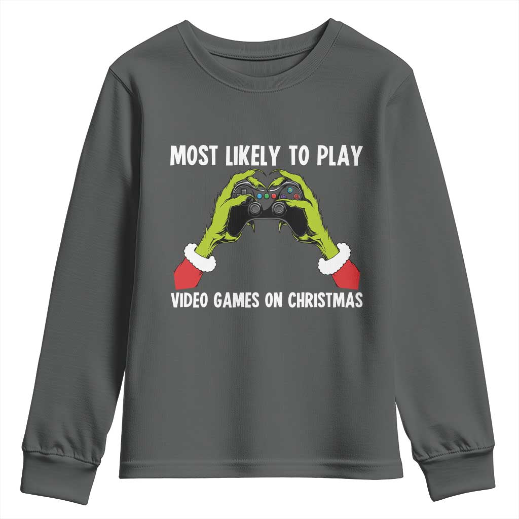 Funny Elf Hand Christmas Youth Sweatshirt Most Likely To Play Video Games On Christmas TS14 Dark Heather Print Your Wear