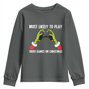 Funny Elf Hand Christmas Youth Sweatshirt Most Likely To Play Video Games On Christmas TS14 Dark Heather Print Your Wear