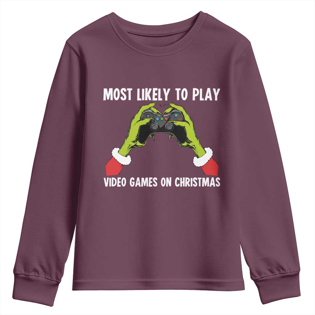 Funny Elf Hand Christmas Youth Sweatshirt Most Likely To Play Video Games On Christmas TS14 Maroon Print Your Wear