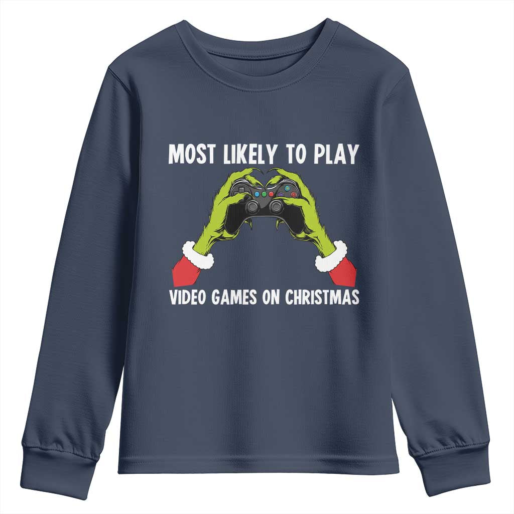 Funny Elf Hand Christmas Youth Sweatshirt Most Likely To Play Video Games On Christmas TS14 Navy Print Your Wear