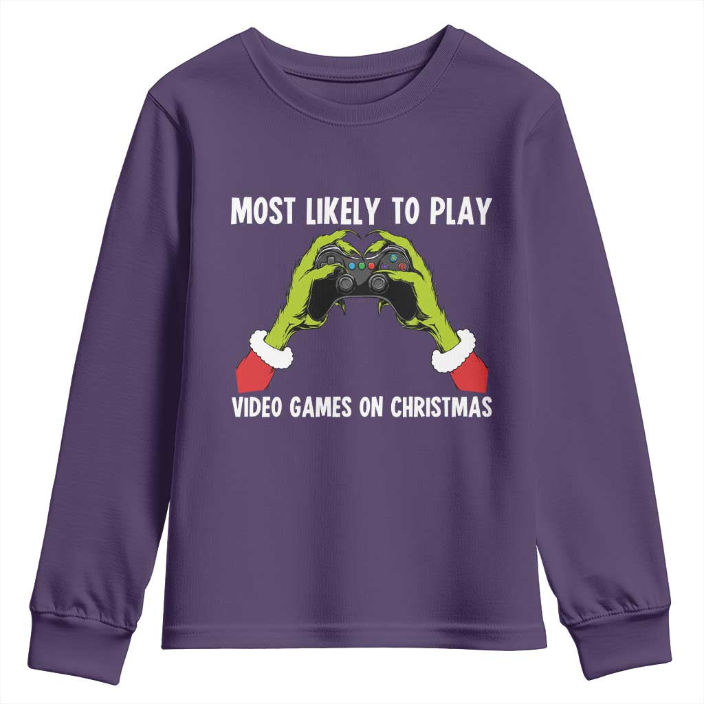 Funny Elf Hand Christmas Youth Sweatshirt Most Likely To Play Video Games On Christmas TS14 Purple Print Your Wear