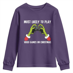 Funny Elf Hand Christmas Youth Sweatshirt Most Likely To Play Video Games On Christmas TS14 Purple Print Your Wear