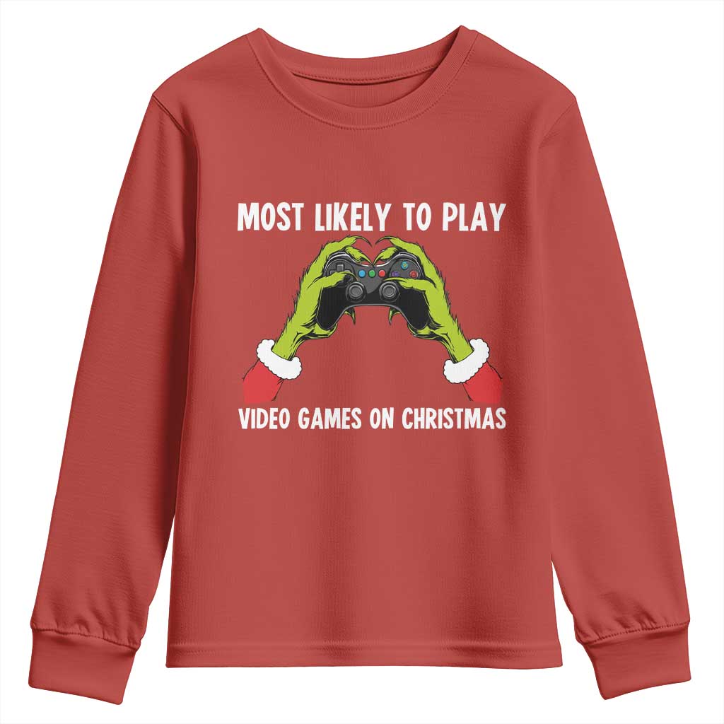Funny Elf Hand Christmas Youth Sweatshirt Most Likely To Play Video Games On Christmas TS14 Red Print Your Wear