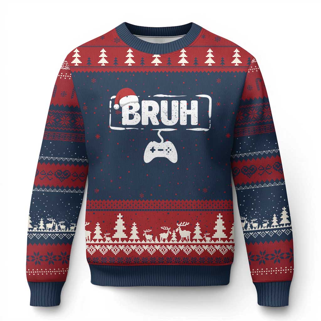 Funny Gaming Xmas Ugly Christmas Sweater Gamer Bruh Video Game TS14 Navy Red Print Your Wear