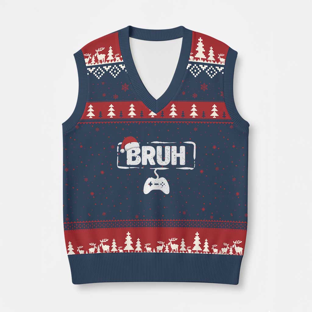 Funny Gaming Xmas V-Neck Knit Sweater Vest Gamer Bruh Video Game TS14 Navy Red Print Your Wear