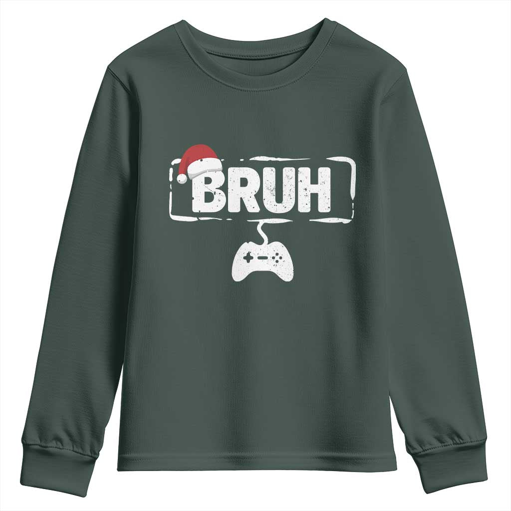 Funny Gaming Christmas Youth Sweatshirt Gamer Bruh Video Game TS14 Dark Forest Green Print Your Wear