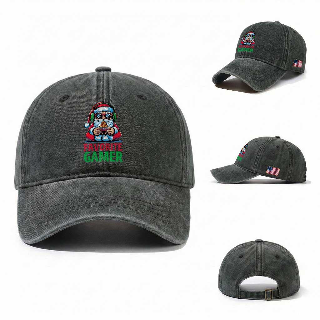 Funny Santa Gamer Christmas Washed Cotton Baseball Cap TS14 Washed Cap Universal Fit Dark Green Print Your Wear