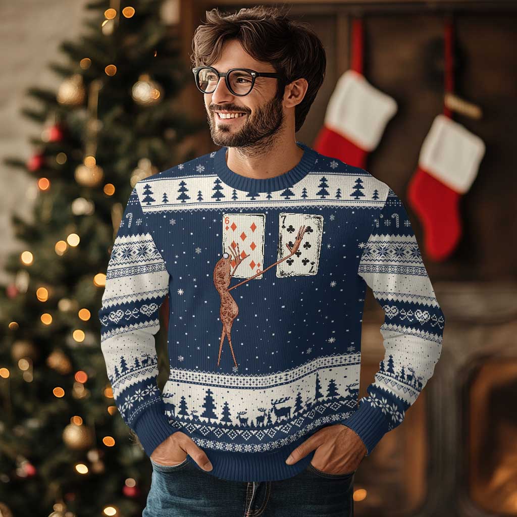 67 Marcus The Worm Poker Game Ugly Christmas Sweater Funny Six Seven Meme Playing Cards TS14 Navy Beige Print Your Wear