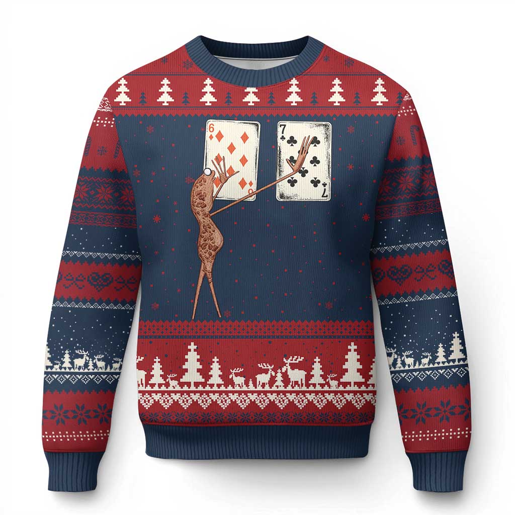 67 Marcus The Worm Poker Game Ugly Christmas Sweater Funny Six Seven Meme Playing Cards TS14 Navy Red Print Your Wear
