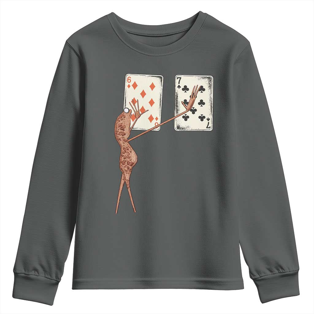 67 Marcus The Worm Poker Game Youth Sweatshirt Funny Six Seven Meme Playing Cards TS14 Dark Heather Print Your Wear