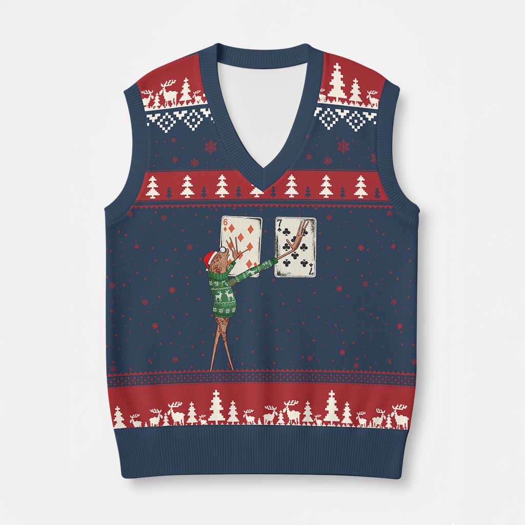 67 Marcus The Worm Poker Game Xmas V-Neck Knit Sweater Vest Funny Six Seven Meme Playing Cards Holiday Vibe TS14 Navy Red Print Your Wear