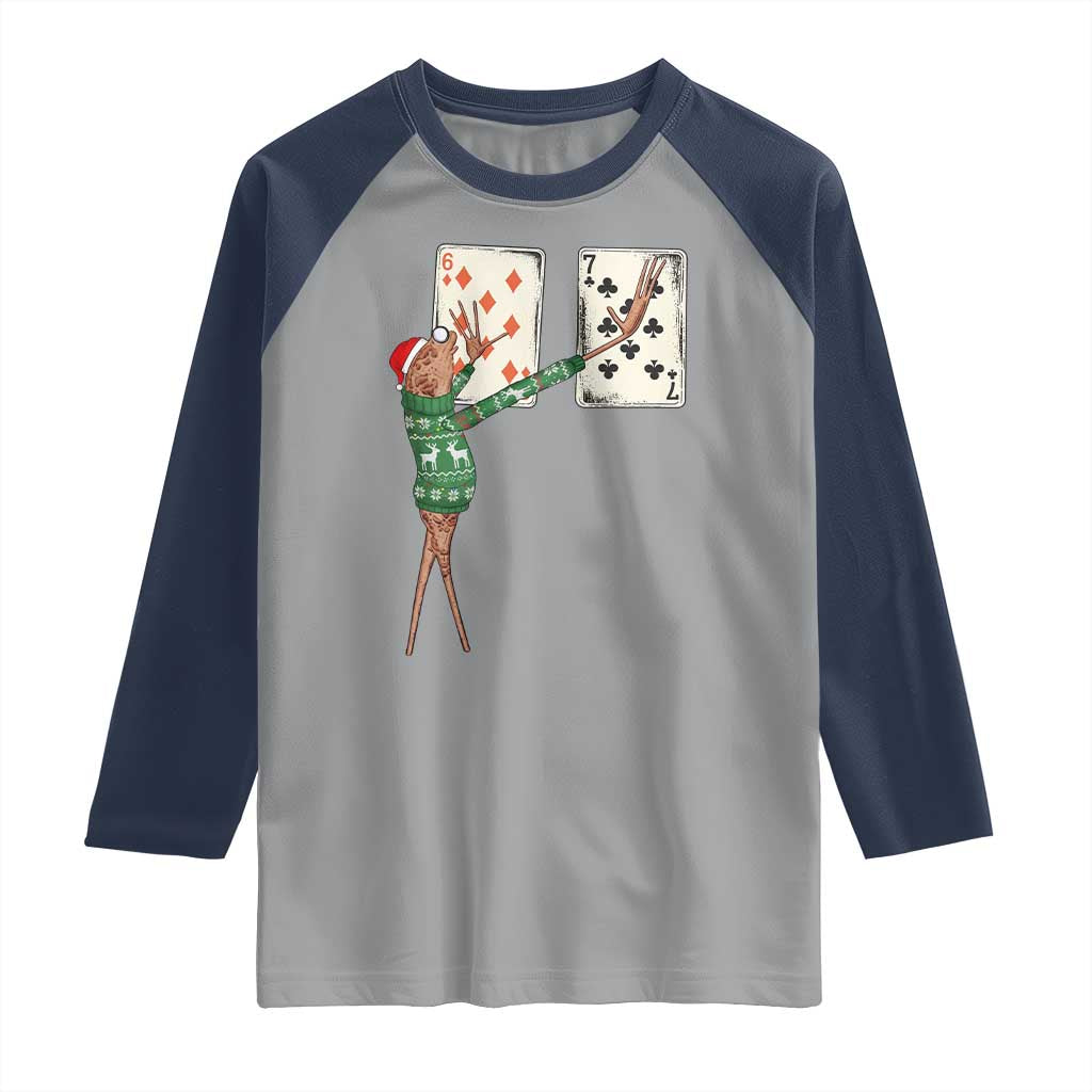 67 Marcus The Worm Poker Game Christmas Raglan Shirt Funny Six Seven Meme Playing Cards Holiday Vibe TS14 Sport Gray Navy Print Your Wear