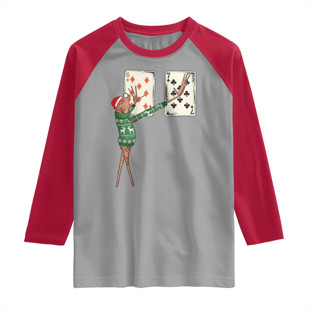 67 Marcus The Worm Poker Game Christmas Raglan Shirt Funny Six Seven Meme Playing Cards Holiday Vibe TS14 Sport Gray Red Print Your Wear