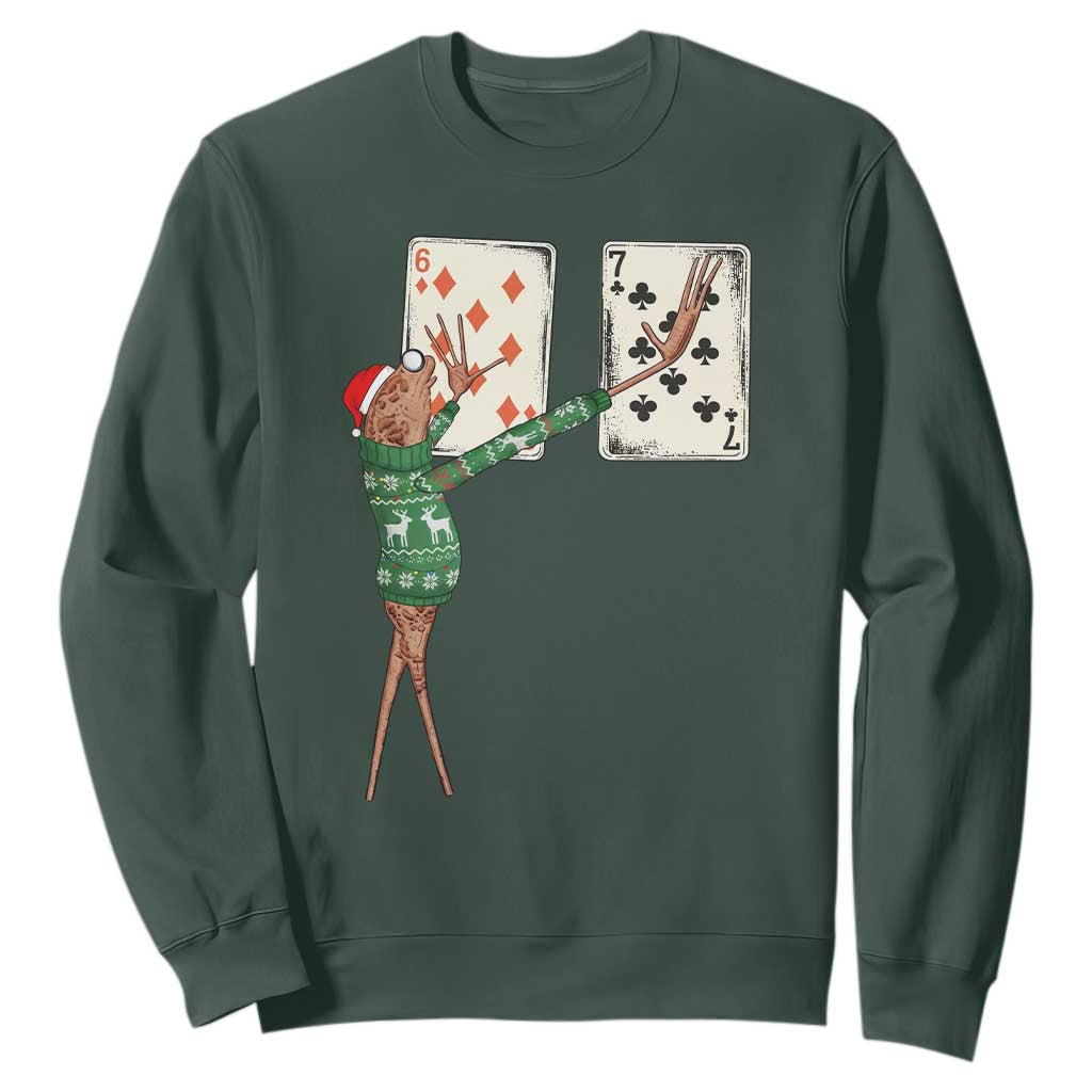 67 Marcus The Worm Poker Game Christmas Sweatshirt Funny Six Seven Meme Playing Cards Holiday Vibe TS14 Dark Forest Green Print Your Wear