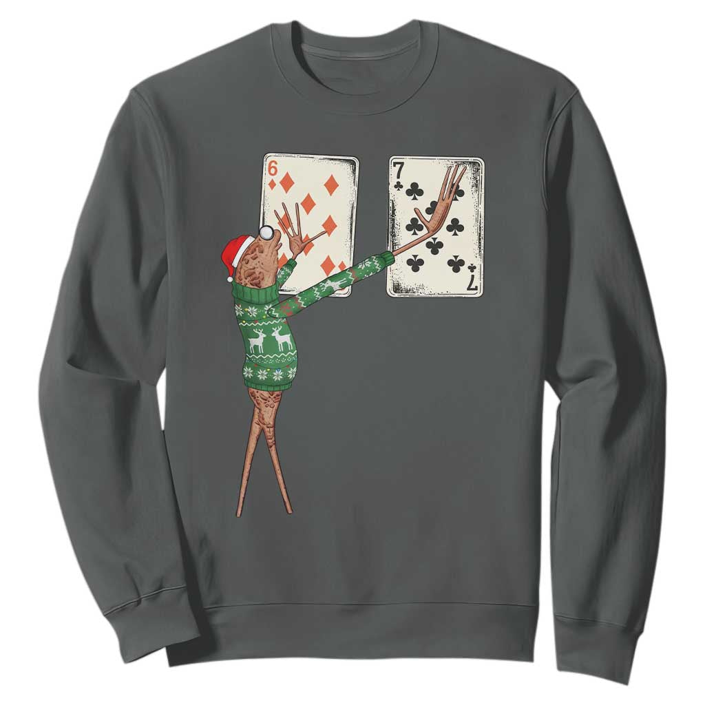 67 Marcus The Worm Poker Game Christmas Sweatshirt Funny Six Seven Meme Playing Cards Holiday Vibe TS14 Dark Heather Print Your Wear