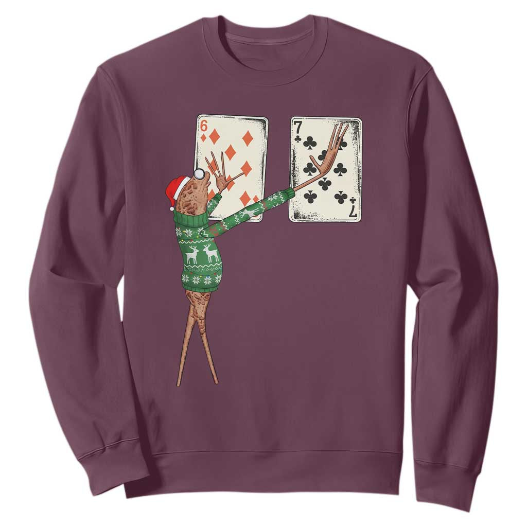 67 Marcus The Worm Poker Game Christmas Sweatshirt Funny Six Seven Meme Playing Cards Holiday Vibe TS14 Maroon Print Your Wear