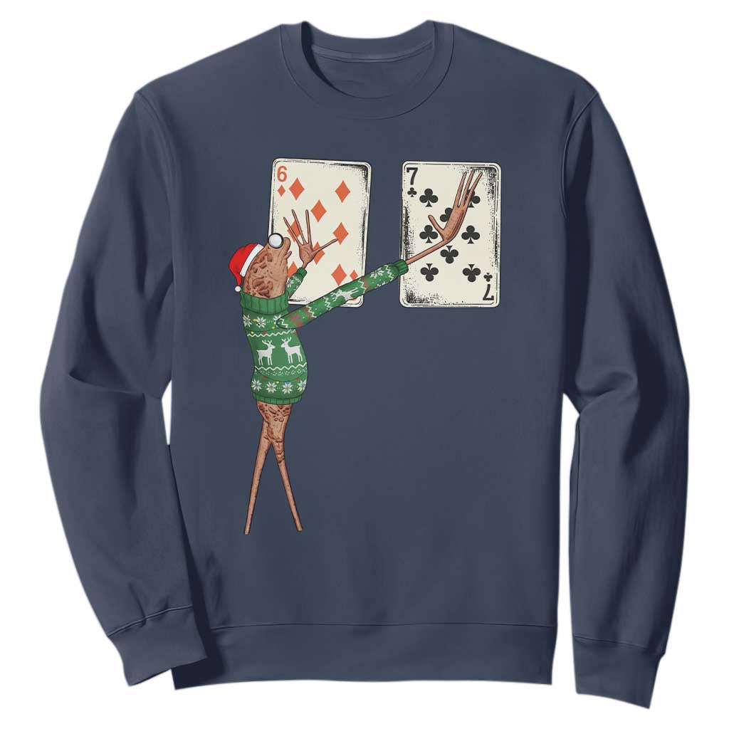 67 Marcus The Worm Poker Game Christmas Sweatshirt Funny Six Seven Meme Playing Cards Holiday Vibe TS14 Navy Print Your Wear