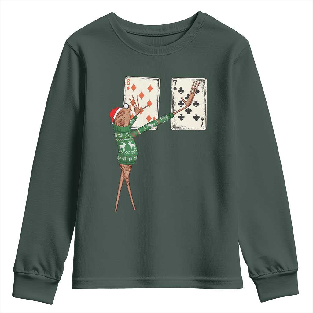 67 Marcus The Worm Poker Game Christmas Youth Sweatshirt Funny Six Seven Meme Playing Cards Holiday Vibe TS14 Dark Forest Green Print Your Wear
