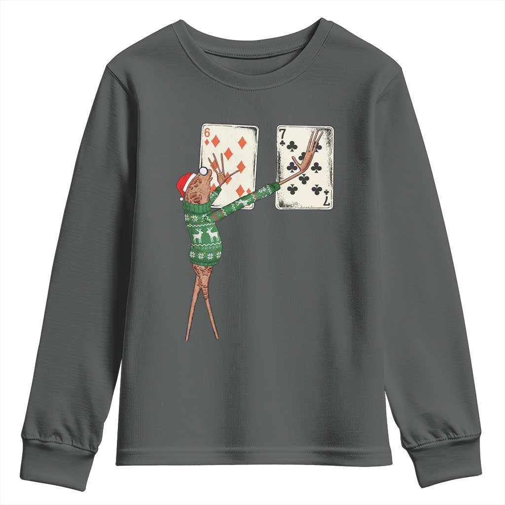67 Marcus The Worm Poker Game Christmas Youth Sweatshirt Funny Six Seven Meme Playing Cards Holiday Vibe TS14 Dark Heather Print Your Wear