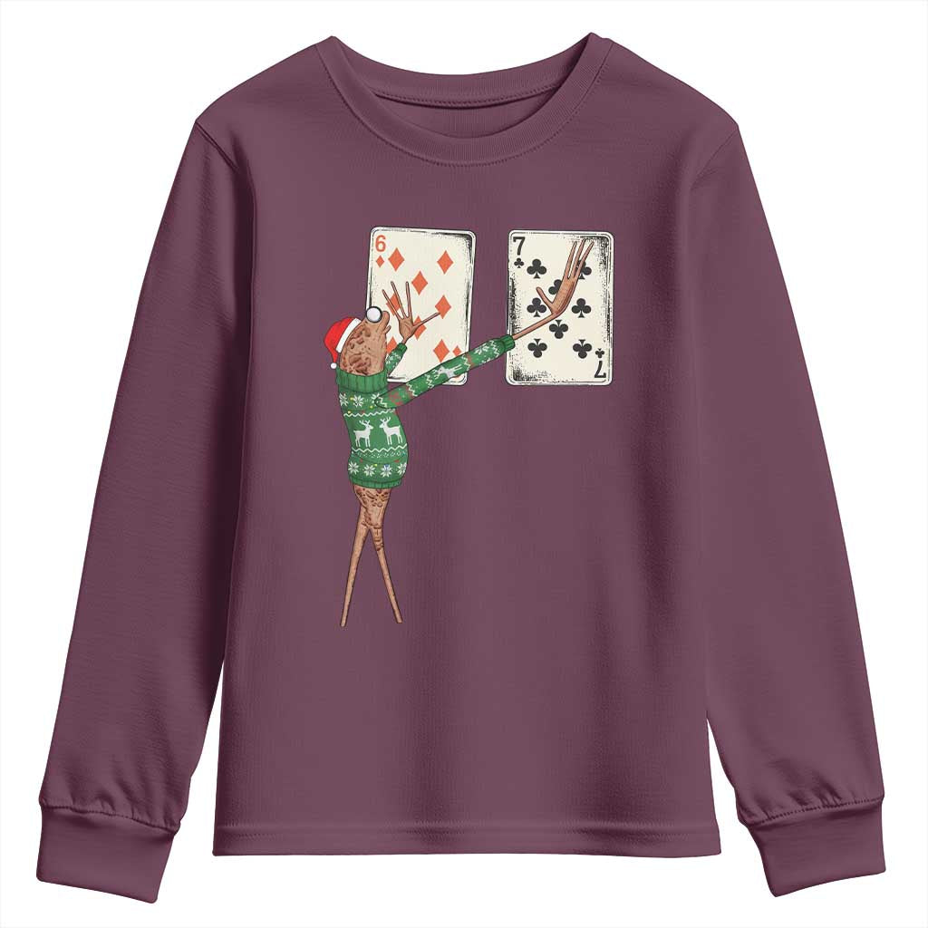 67 Marcus The Worm Poker Game Christmas Youth Sweatshirt Funny Six Seven Meme Playing Cards Holiday Vibe TS14 Maroon Print Your Wear