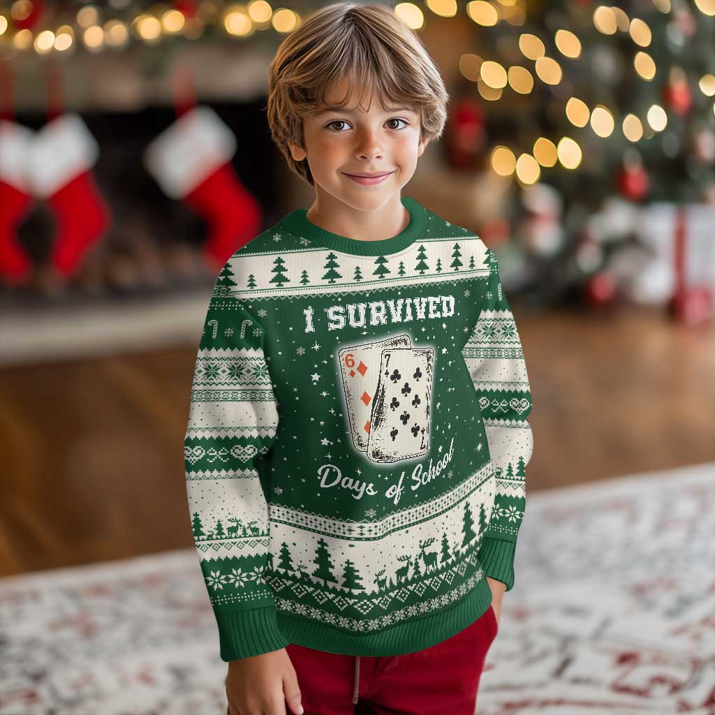 I Survived 67 Days Of School Ugly Christmas Sweater Playing Cards Meme TS14 Forest Green Beige Print Your Wear