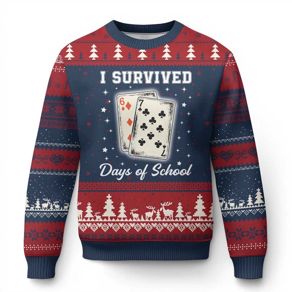 I Survived 67 Days Of School Ugly Christmas Sweater Playing Cards Meme TS14 Navy Red Print Your Wear