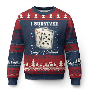 I Survived 67 Days Of School Ugly Christmas Sweater Playing Cards Meme TS14 Navy Red Print Your Wear