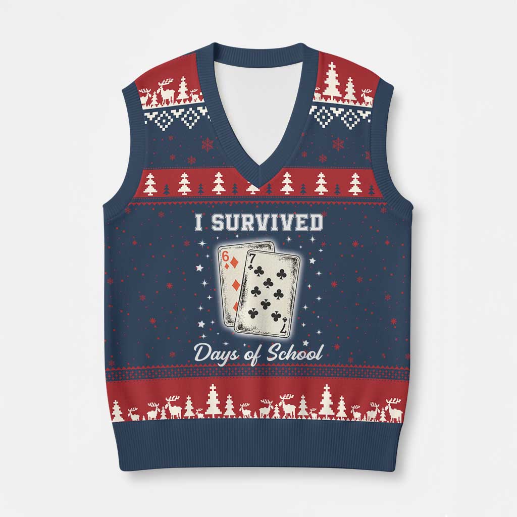 I Survived 67 Days Of School V-Neck Knit Sweater Vest Playing Cards Meme TS14 Navy Red Print Your Wear