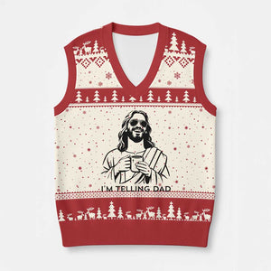 Funny Jesus Meme V-Neck Knit Sweater Vest I Am Telling Dad TS14 Beige Red Print Your Wear