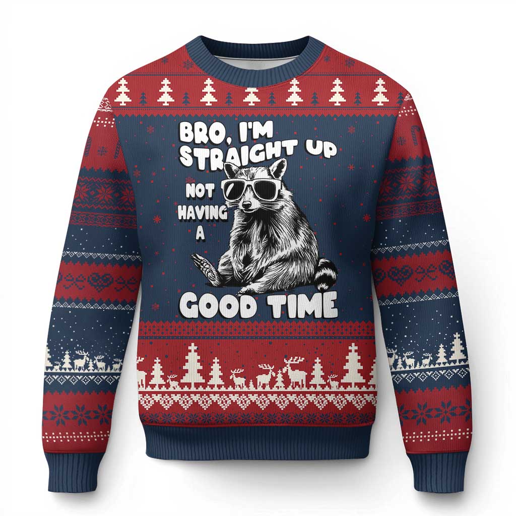 Funny Raccon Sarcastic Ugly Christmas Sweater Bro I Am Straight Up Not Even Having A Good Time TS14 Navy Red Print Your Wear