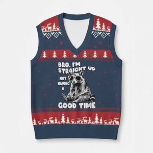 Funny Raccon Sarcastic V-Neck Knit Sweater Vest Bro I Am Straight Up Not Even Having A Good Time TS14 Navy Red Print Your Wear