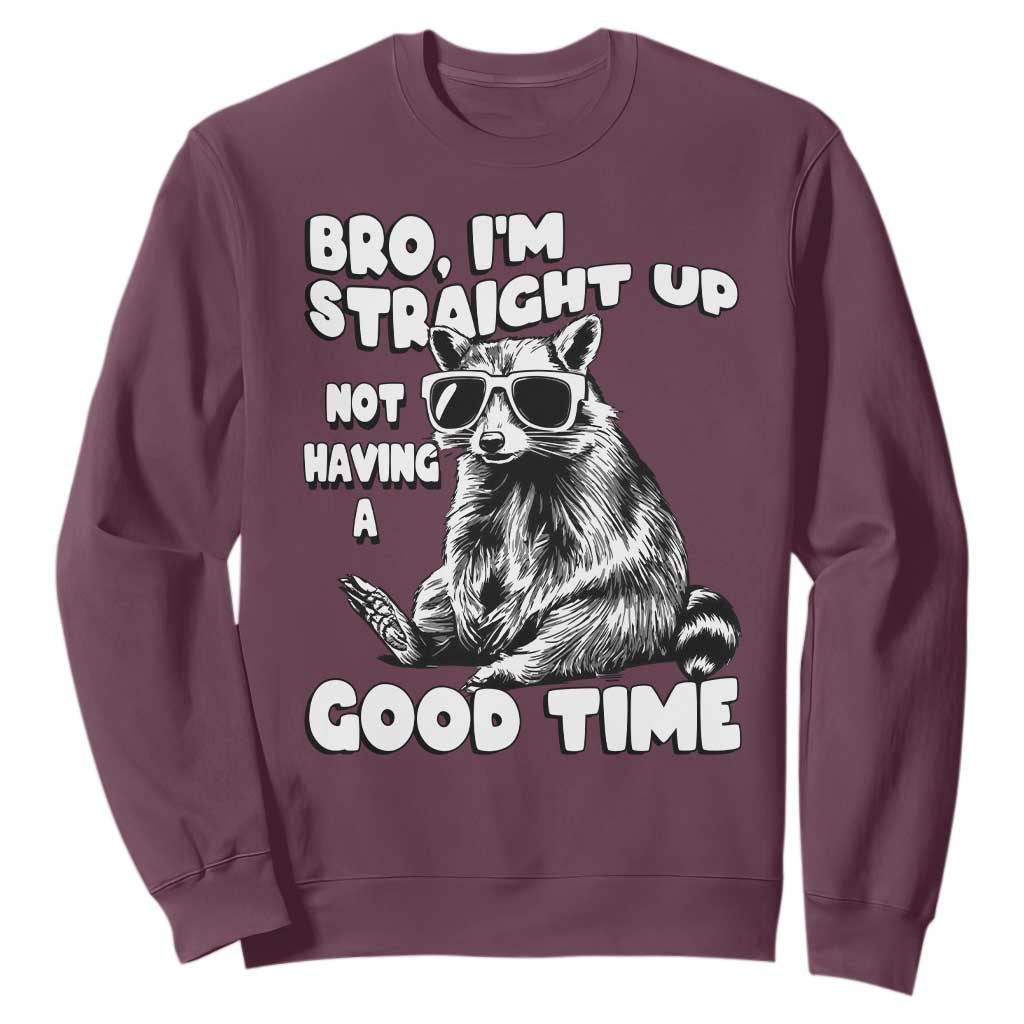 Funny Raccon Sarcastic Sweatshirt Bro I Am Straight Up Not Even Having A Good Time TS14 Maroon Print Your Wear