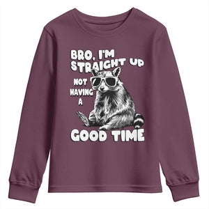 Funny Raccon Sarcastic Youth Sweatshirt Bro I Am Straight Up Not Even Having A Good Time TS14 Maroon Print Your Wear