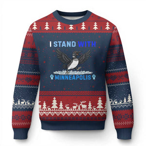 I Stand With Minneapolis Ugly Christmas Sweater Loon Minnesota Resist Anti ICE Immigration Protest TS14 Navy Red Print Your Wear