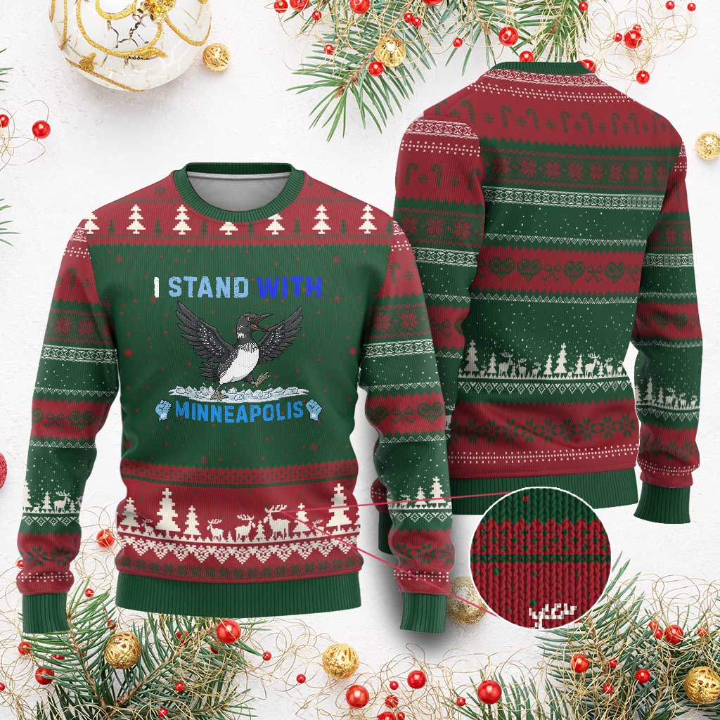 I Stand With Minneapolis Ugly Christmas Sweater Loon Minnesota Resist Anti ICE Immigration Protest TS14 Red Green Print Your Wear