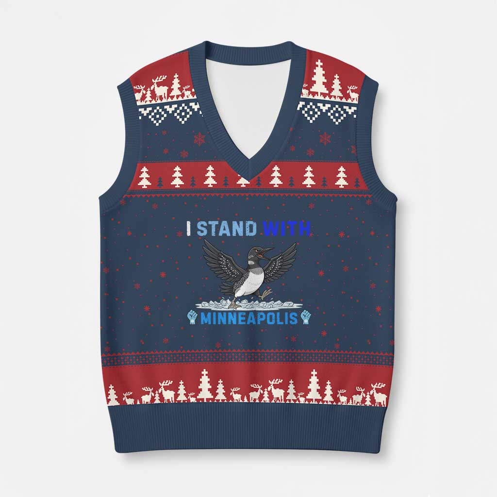I Stand With Minneapolis V-Neck Knit Sweater Vest Loon Minnesota Resist Anti ICE Immigration Protest TS14 Navy Red Print Your Wear