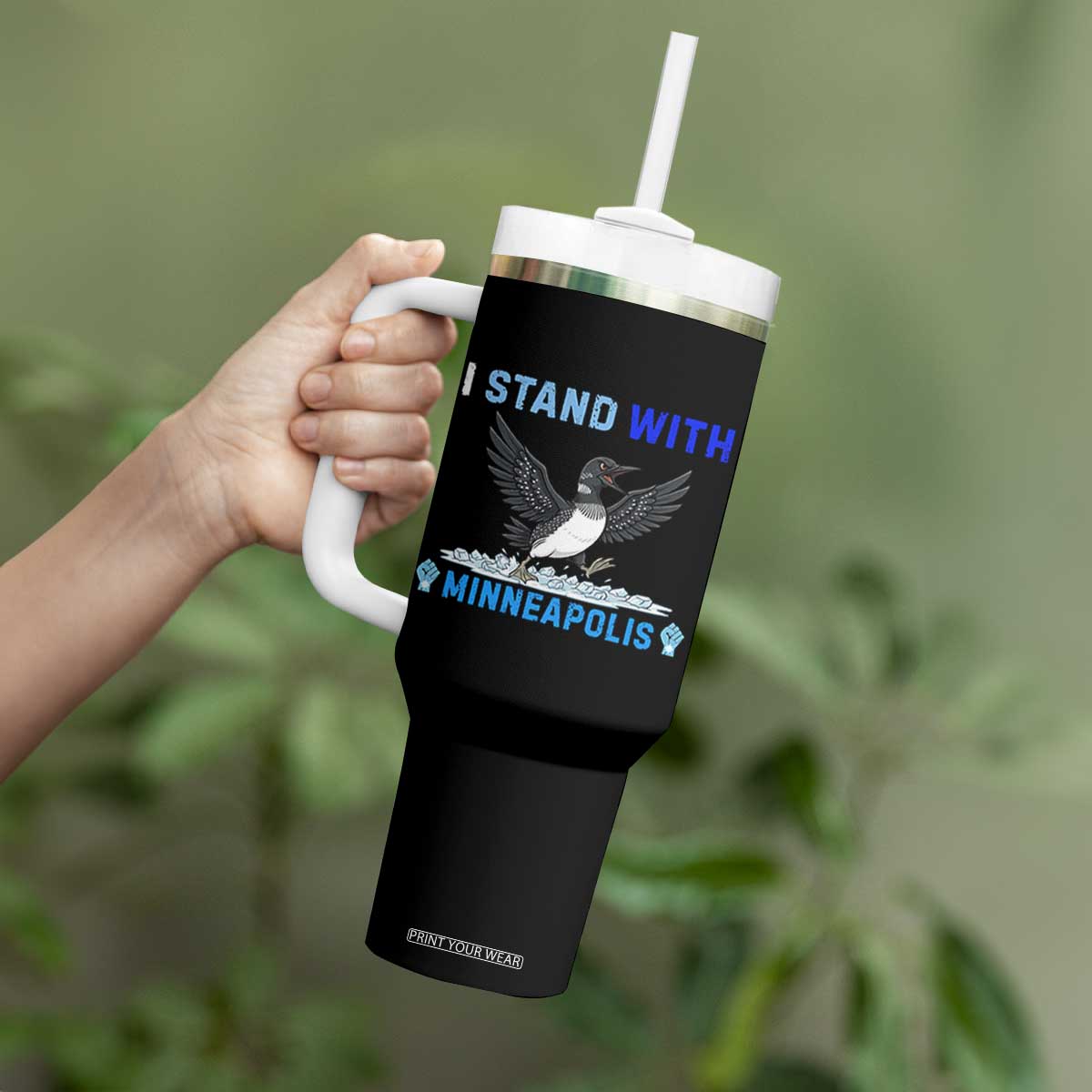 I Stand With Minneapolis Tumbler With Handle Loon Minnesota Resist Anti ICE Immigration Protest TS14 Print Your Wear