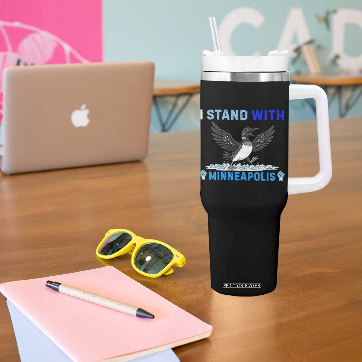I Stand With Minneapolis Tumbler With Handle Loon Minnesota Resist Anti ICE Immigration Protest TS14 Print Your Wear