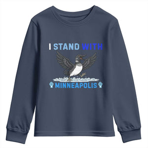 I Stand With Minneapolis Youth Sweatshirt Loon Minnesota Resist Anti ICE Immigration Protest TS14 Navy Print Your Wear
