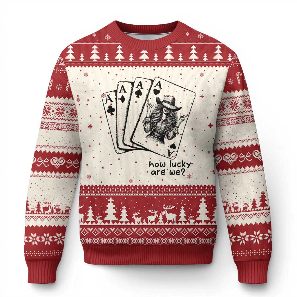 How Lucky Are We Ugly Christmas Sweater Funny Western Cowgirl Rodeo Playing Card TS14 Beige Red Print Your Wear