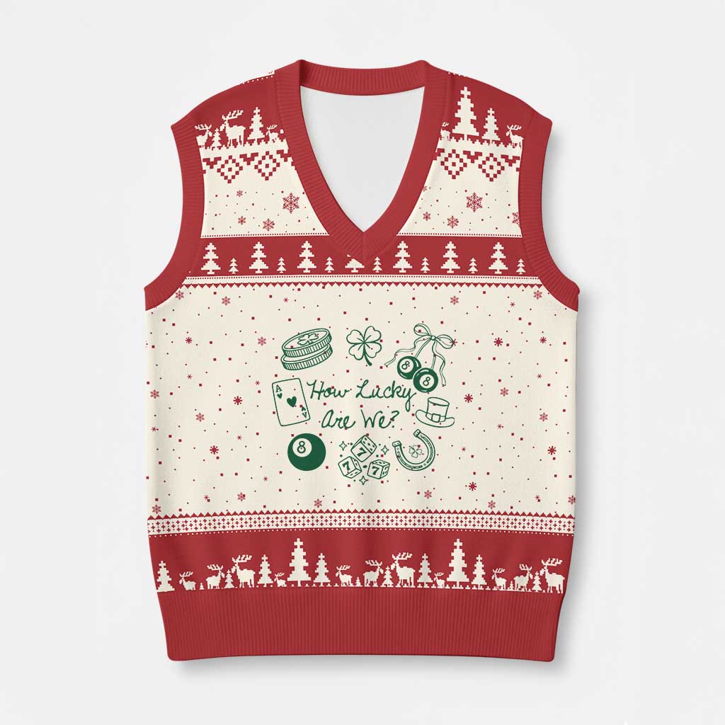 How Lucky Are We V-Neck Knit Sweater Vest Irish Shamrock Horseshoe St Patricks Day TS14 Beige Red Print Your Wear